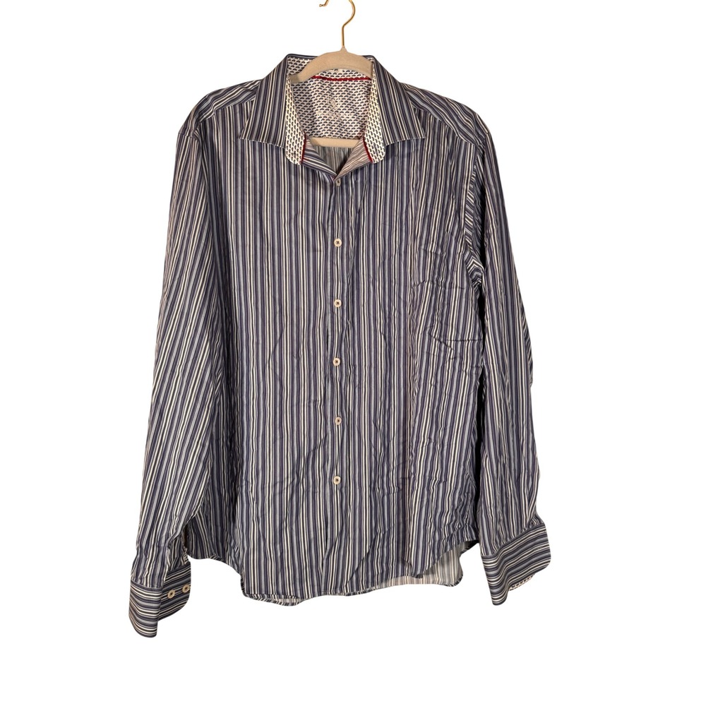 Bugatchi Uomo Mens Blue White Striped Button Down Shirt Shaped Fit XL Car Print